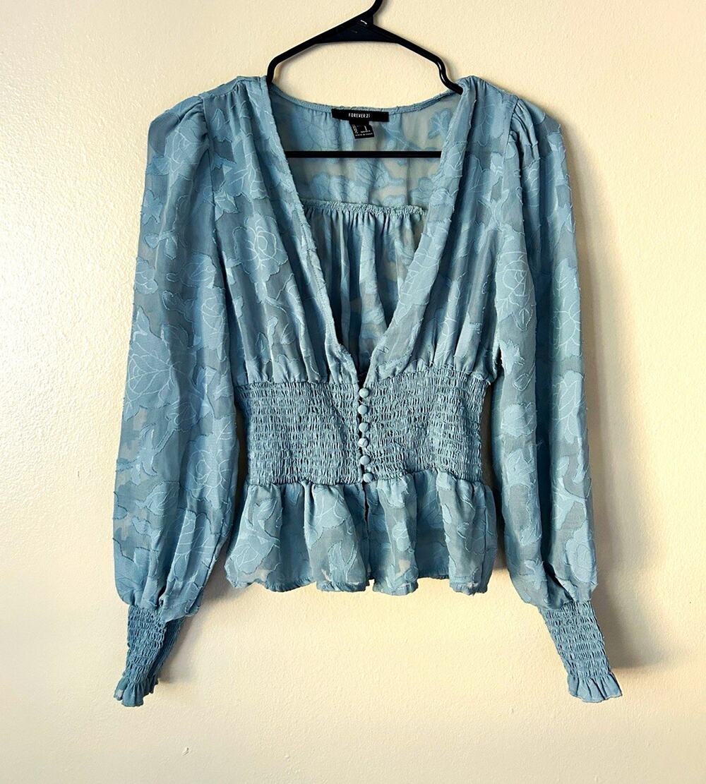 Forever 21 Blue Floral Chiffon Sheer V-Neck Smocked Peplum Blouse S